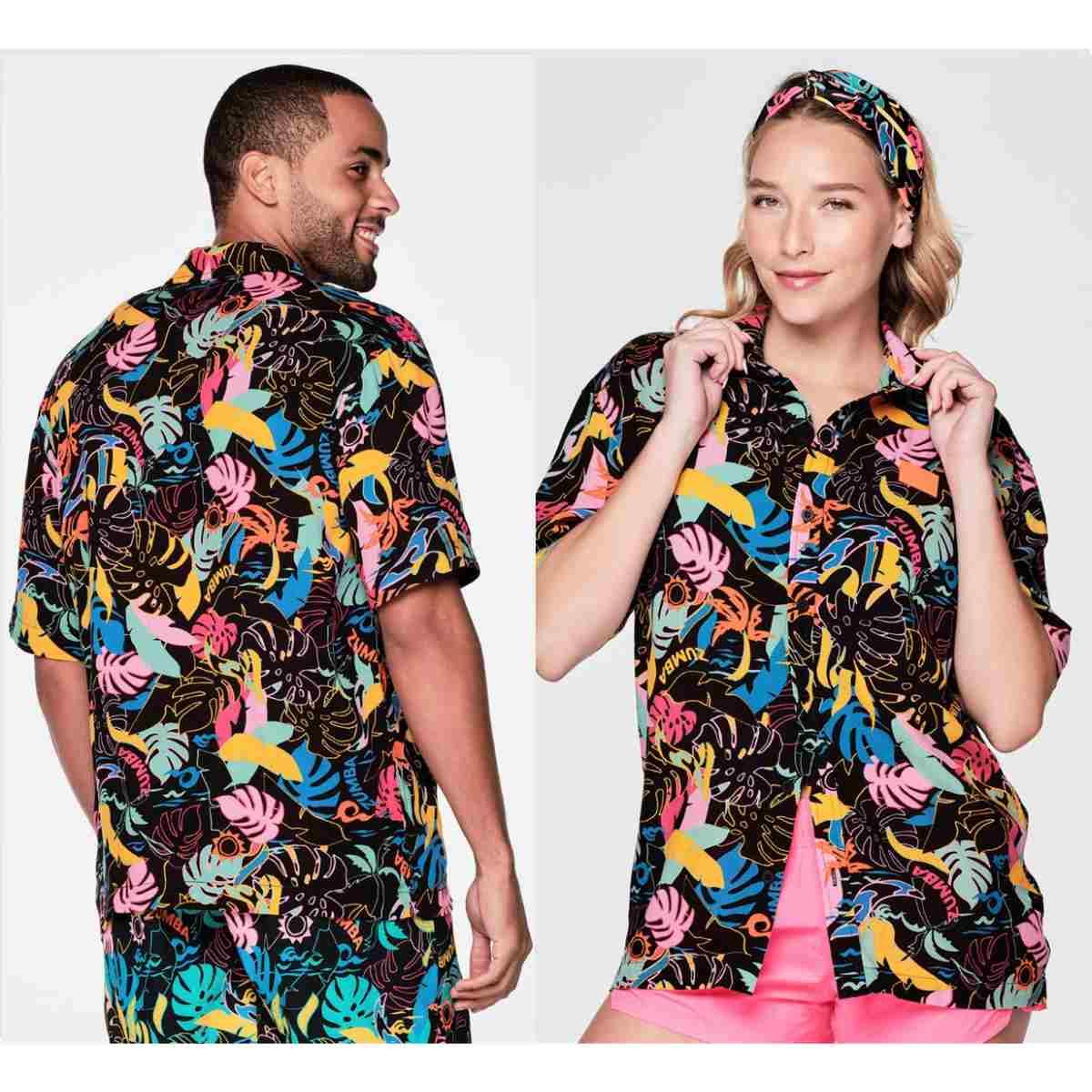 Zumba Palm Party Short Sleeve Button Up